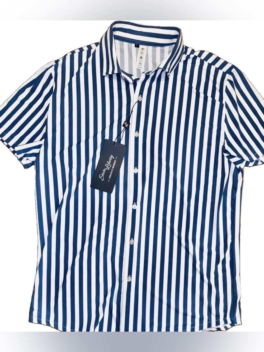 NEW State & Liberty Men’s L Navy White Bengal Stripe Shirt Athletic Fit NWT